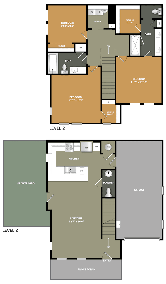 A floor plan of a two-story residential building with labeled rooms.