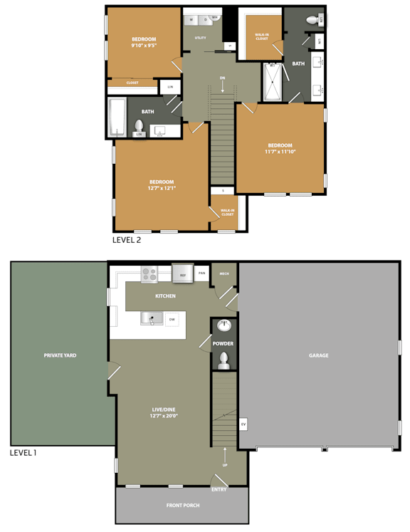 A floor plan of a two-story residential building with labeled rooms.
