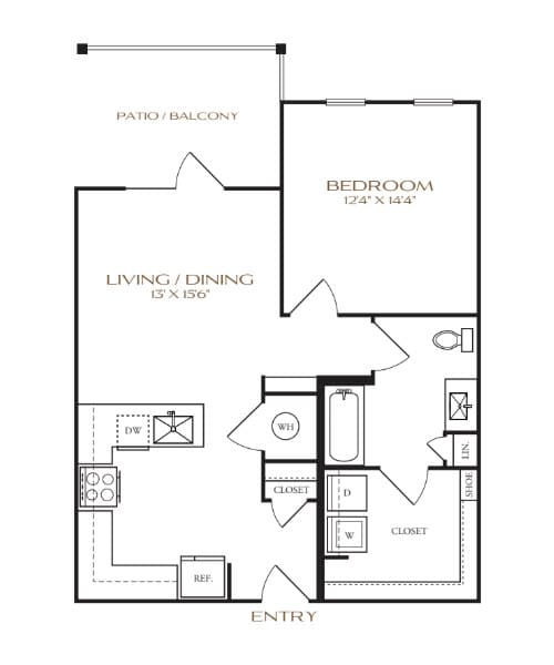 A floor plan of a home with a living room, dining room, bedroom, and closet.