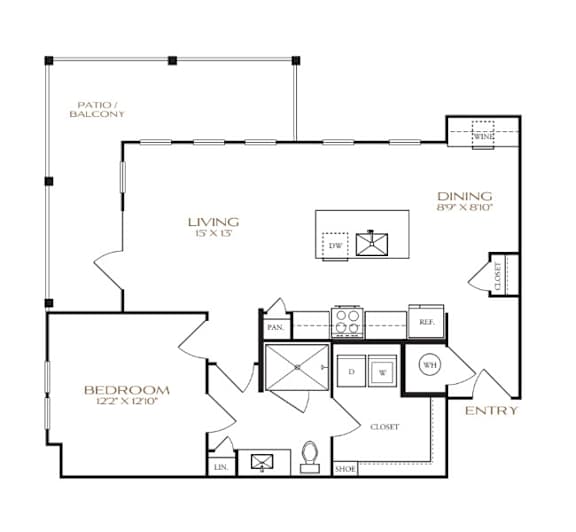 A black and white floor plan of a house with a living room, dining room, bedroom, and bathroom.