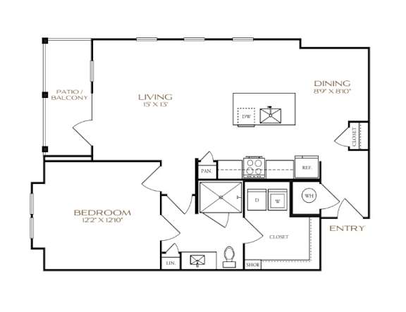 A floor plan of a house with a living room, dining room, bedroom, and bathroom.