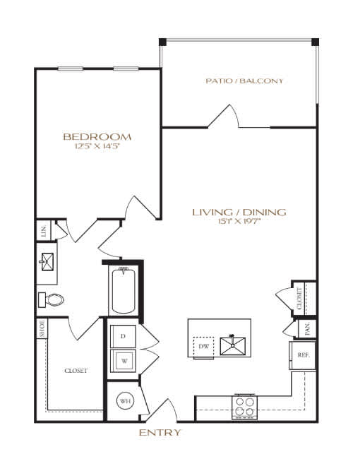 A black and white floor plan of a home with a bedroom, living/dining area, and closet.