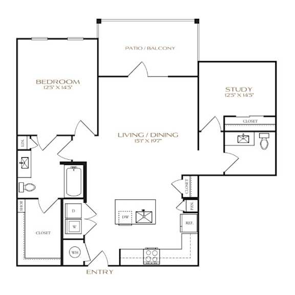 A black and white floor plan of a home with a bedroom, living room, study, and closet.