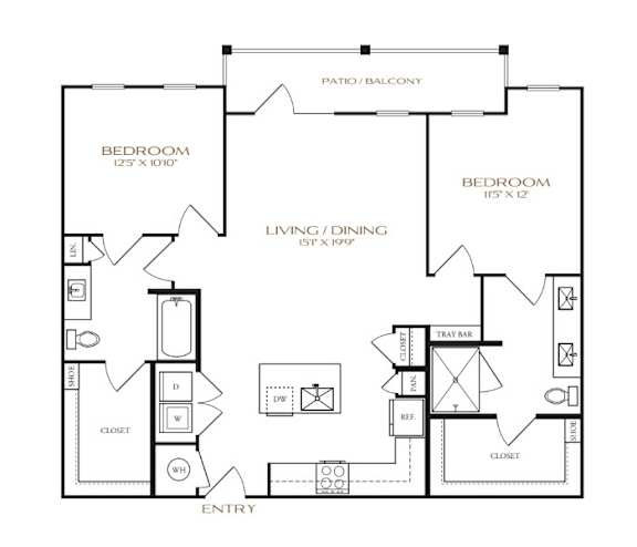 A black and white image of a house floor plan with two bedrooms, a living area, and a closet.