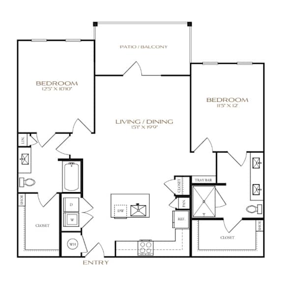 A black and white floor plan of an apartment with two bedrooms, a living area, and a patio.