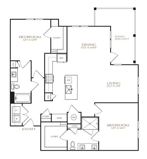 A black and white image of a floor plan for a home with a living room, dining room, kitchen, and two bedrooms.