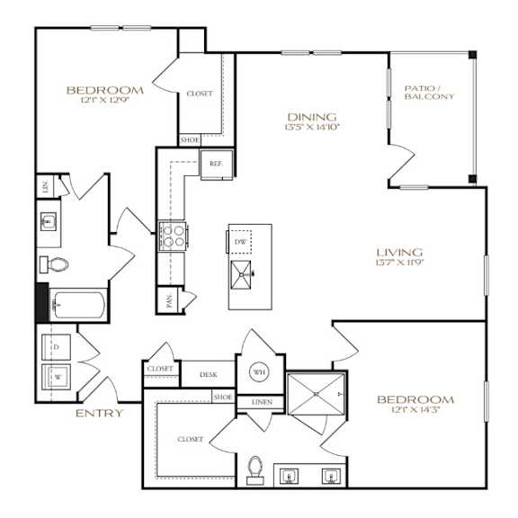 A black and white image of a house floor plan with two bedrooms, a living room, a dining room, a patio, a closet, a desk, a dresser, a pantry, a laundry room,