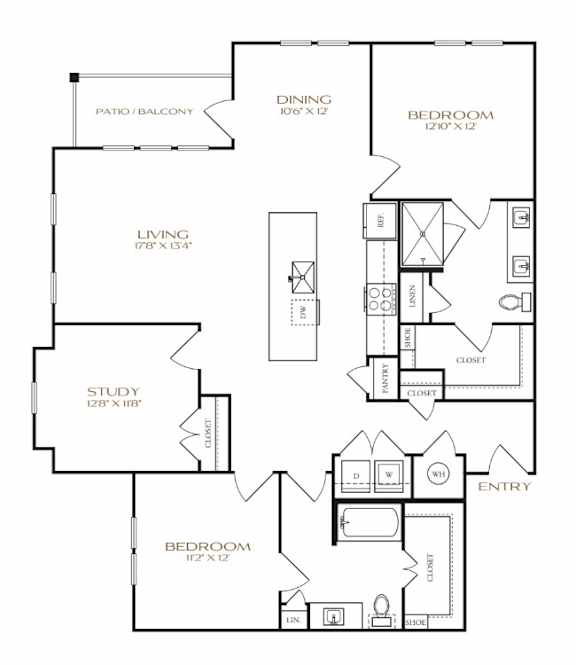 A black and white floor plan of a house with a living room, dining room, two bedrooms, a study, and a patio/balcony.