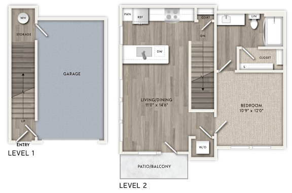 A floor plan of a two-level home with a garage, living room, dining area, kitchen, and bedrooms.