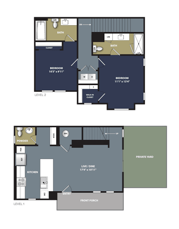 A floor plan of a two-story house with two bedrooms, a living area, a kitchen, a powder room, and a private yard.
