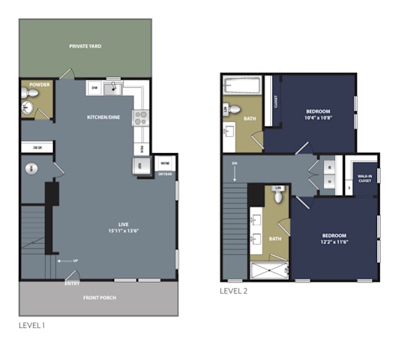 A floor plan of a two-story house with a private yard.