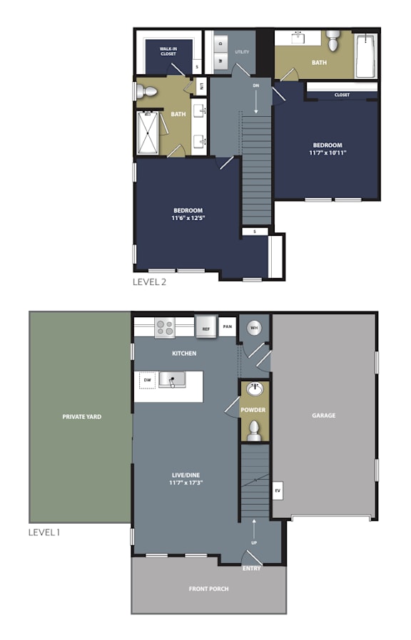 A floor plan of a two-story home with labeled rooms.
