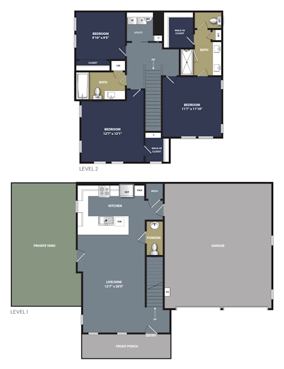 A floor plan of a two-story residential building with labeled rooms.
