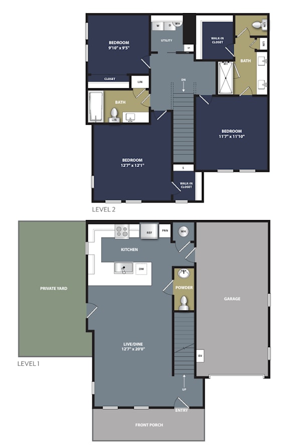 A floor plan of a two-story house with a garage on the first floor and a living area on the second floor.