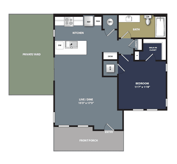 A floor plan of a house with a private yard, living room, kitchen, bath, and bedroom.