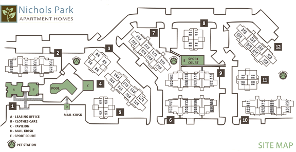 A map of Nichols Park Apartment Homes with various labeled buildings and facilities.