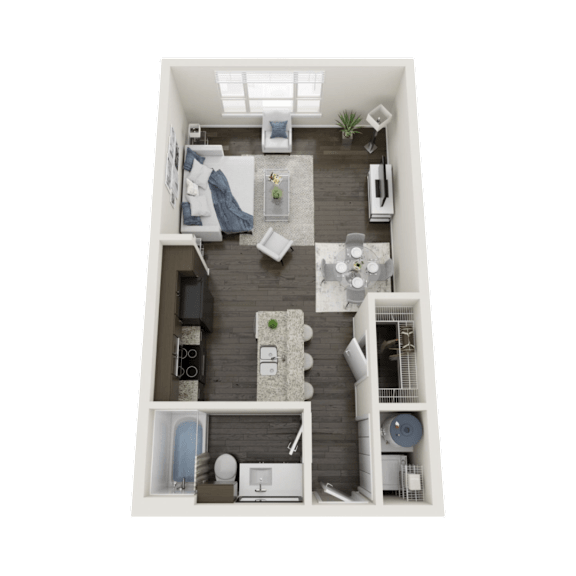 A 3D floor plan of a small apartment with a kitchen, living room, and bedroom.