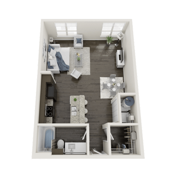 A 3D floor plan of a small apartment with a bedroom, living room, kitchen, and bathroom.
