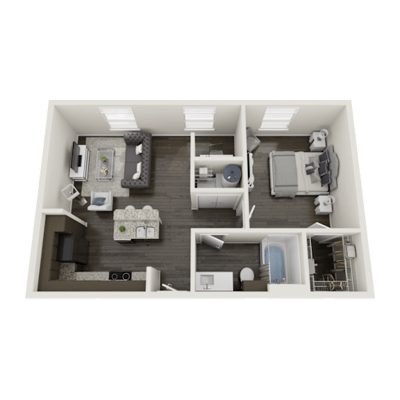 A 3D rendered image of a small apartment layout.