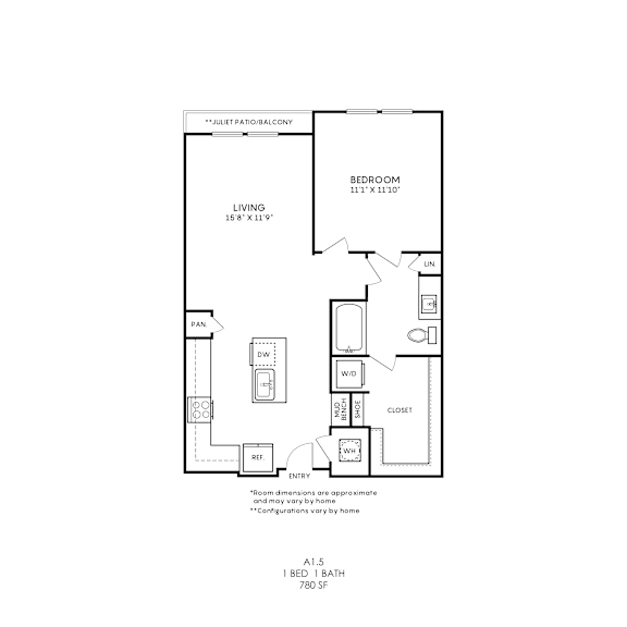 A floor plan of a one bedroom apartment.