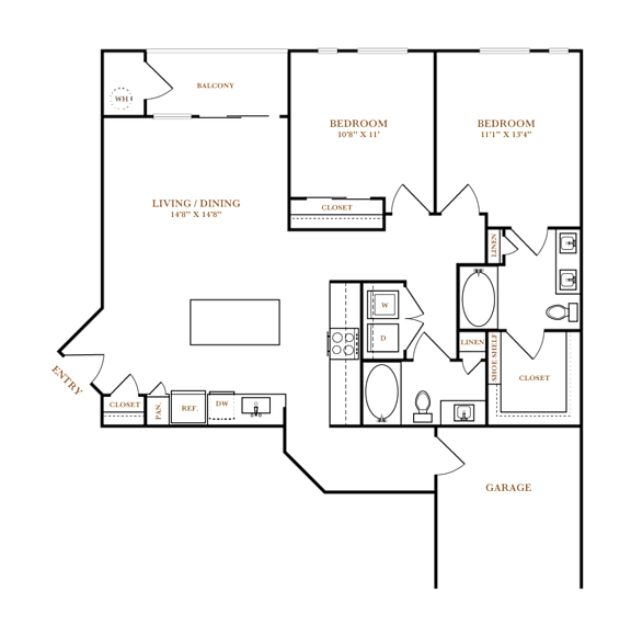 A floor plan of a house with a living room, two bedrooms, a bathroom, a kitchen, a dining room, and a garage.