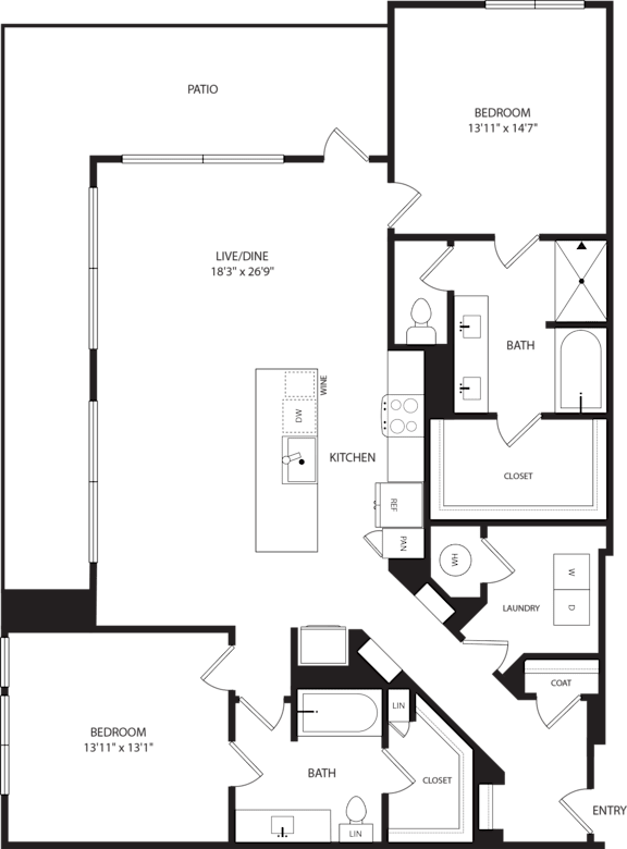 A floor plan of a house with two bedrooms, a living area, a kitchen, a bathroom, a closet, and a laundry room.