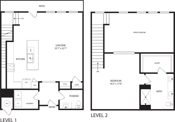 A floor plan of a two level home with a kitchen, living room and bedroom on the first level and a bathroom on the second level.