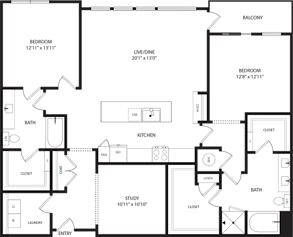 A floor plan of a house with a study, kitchen, and two bedrooms.