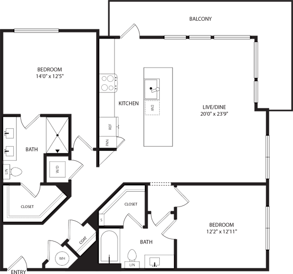 A floor plan of a home with a balcony, two bedrooms, a kitchen, a bath, a closet, and an entry.