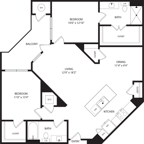 A floor plan of a house with a living room, two bedrooms, a bathroom, a dining room, a kitchen, and a balcony.