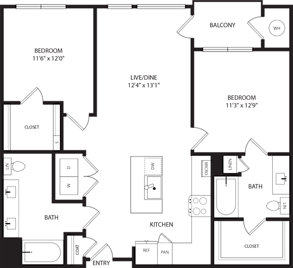 A floor plan of a house with two bedrooms, a living area, a kitchen, a bathroom, and a balcony.