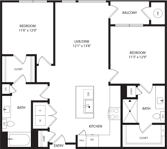 A floor plan of a house with two bedrooms, a living area, a kitchen, a bathroom, and a balcony.