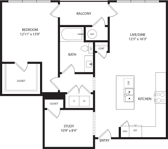 A floor plan of a house with a bedroom, bathroom, study, and kitchen.