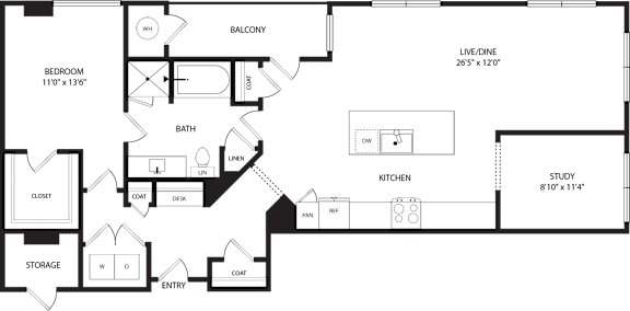 A floor plan of a house with a balcony, study, and kitchen.