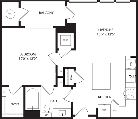 A floor plan of a house with a balcony, bedroom, bathroom, and kitchen.