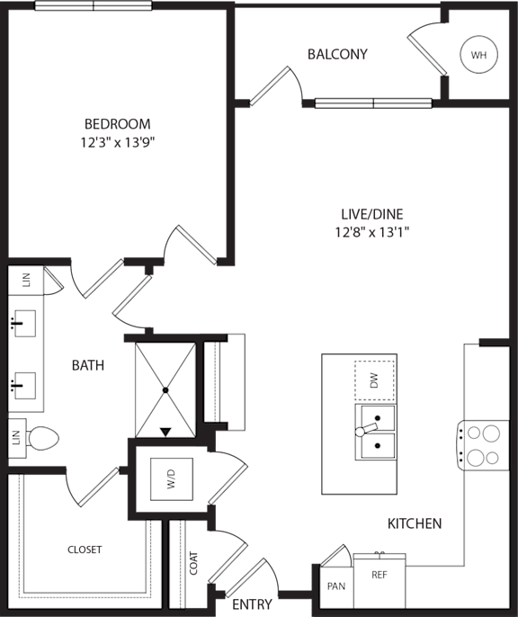 A floor plan of a house with a bedroom, bathroom, kitchen, and living/dine area.
