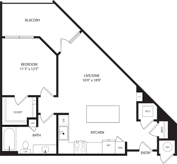 A floor plan of a house with a bedroom, bathroom, kitchen, and living room.