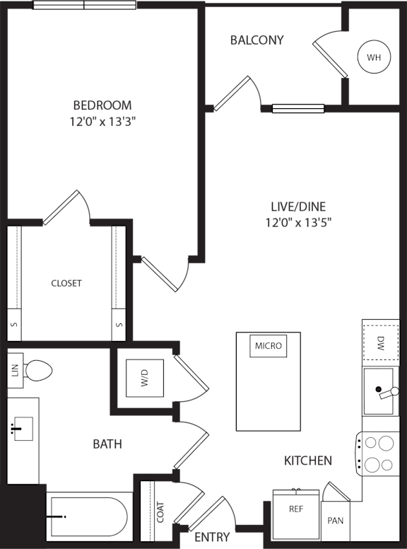 A floor plan of a house with a bedroom, bathroom, kitchen, and living/dining area.