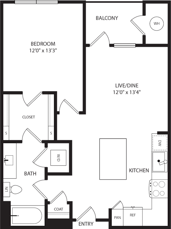 A floor plan of a home with a bedroom, bathroom, closet, and kitchen.