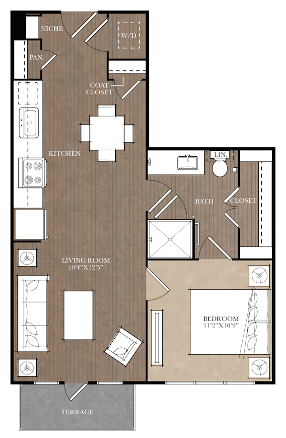 A floor plan of a house with a living room, bedroom, and kitchen.