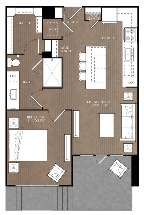 A floor plan of a house with a living room, kitchen, and bathroom.