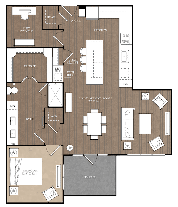 A detailed floor plan of a house with a living room, dining room, kitchen, and bathroom.