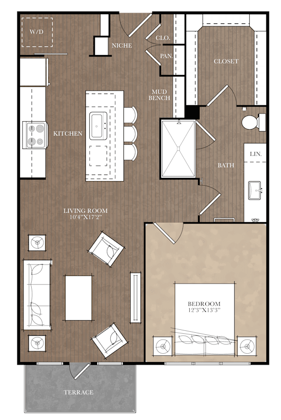 A floor plan of a house with a living room, bedroom, and kitchen.