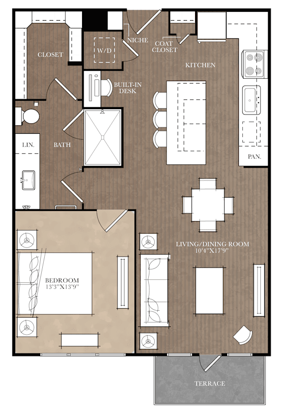 A floor plan of a house with a living room, dining room, kitchen, and bathroom.