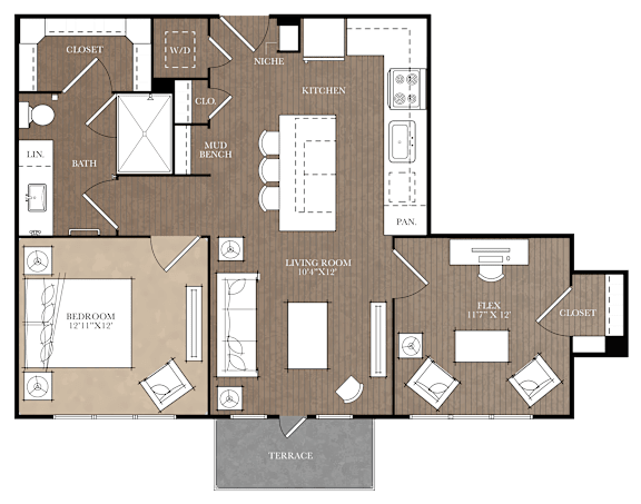A floor plan of a house with a kitchen, living room, and two bedrooms.