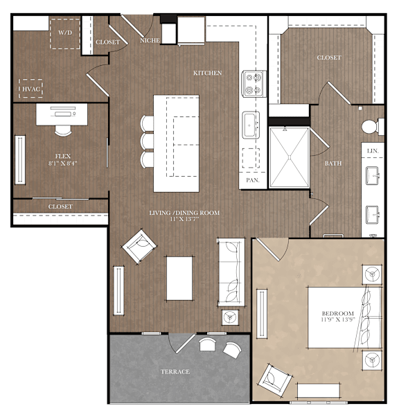 A floor plan of a house with a living room, kitchen, and bathroom.