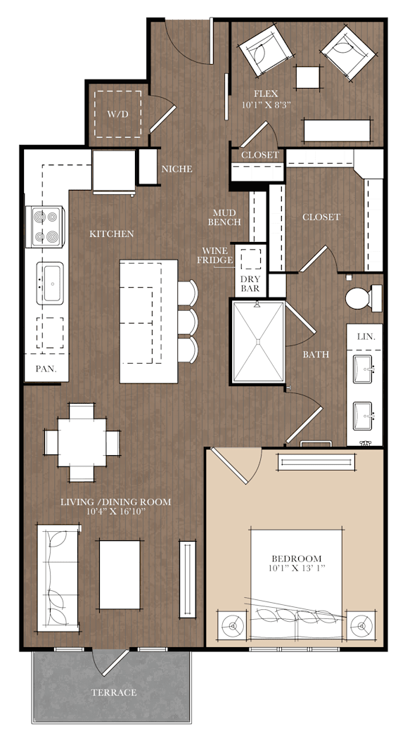 A floor plan of a house with a living room, dining room, kitchen, and two bedrooms.