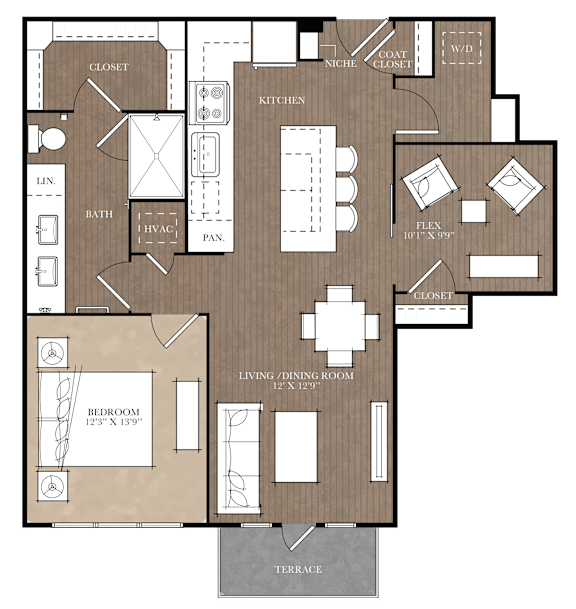 A floor plan of a house with a living room, two bedrooms, a kitchen, and a bathroom.