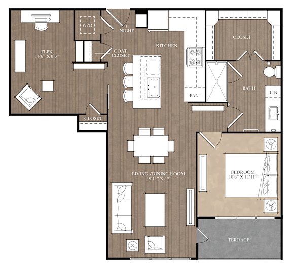 A floor plan of a house with a living room, dining room, kitchen, and two bedrooms.