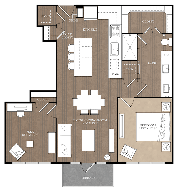 A detailed floor plan of a house layout with labeled rooms such as Kitchen, Bath, and Bedroom.